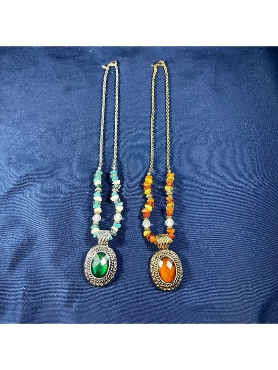 Jewelry - Vintage-Style Beaded Necklaces With Faceted Green & Orange Gemstone Pendants Sil